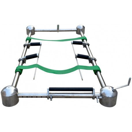 Chrome-plated graveside casket lowering device with roller placers — side view | Funeral Source One