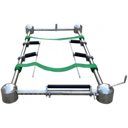 Chrome-plated graveside casket lowering device with roller placers — side view | Funeral Source One