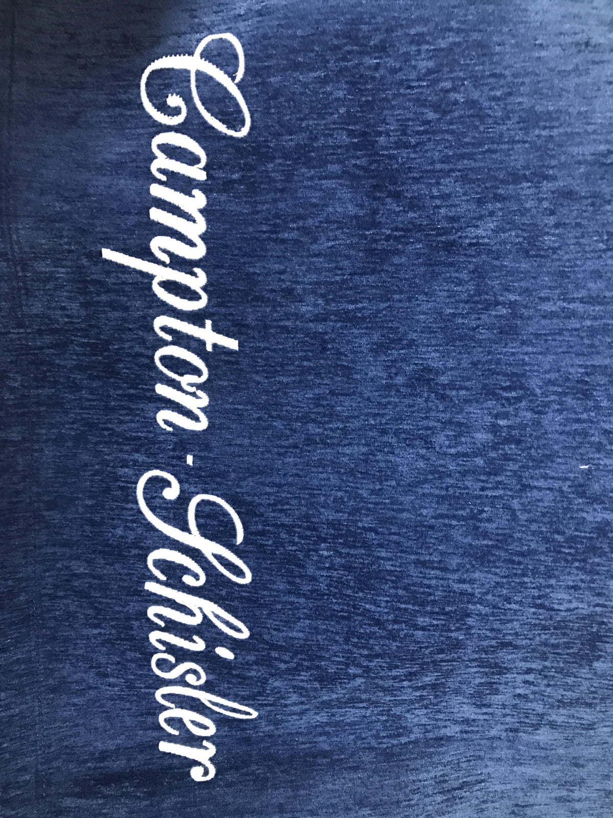 Standard mortuary cot cover with embroidery — script font embroidery detail view | Funeral Source One