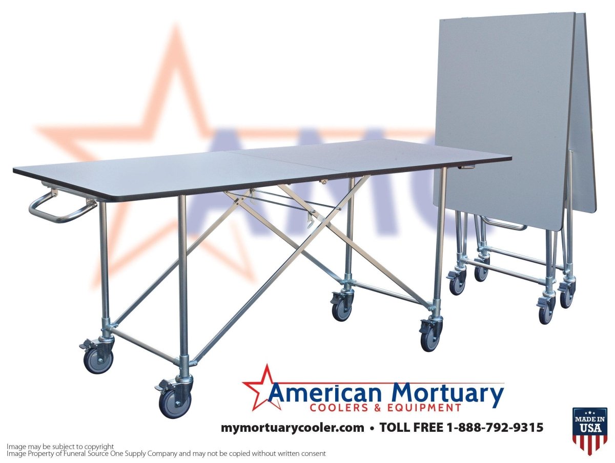 Affordable Mortuary Bundle: Hydraulic Embalming Table & Folding Prep Table - American - Made, Reliable Funeral Equipment - American Mortuary Coolers & Equipments