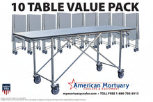A bulk value pack of 10 American Mortuary folding dressing tables in a storage configuration, highlighting the 600lb capacity and integrated ID tag holders.