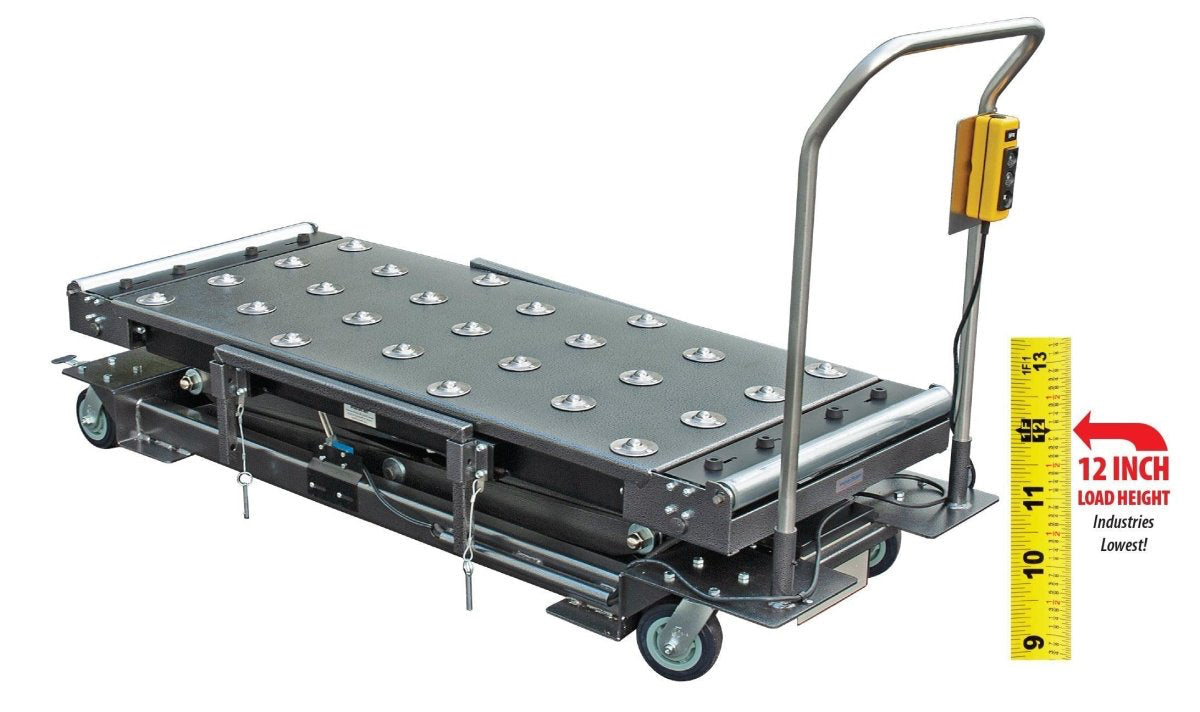All-Access Compact Low-Profile Mortuary Lift by American Mortuary Coolers, shown at the industry-leading 12-inch minimum height for seamless cot-to-lift transfer. Engineered with 1,000+ lb capacity and made in the USA.