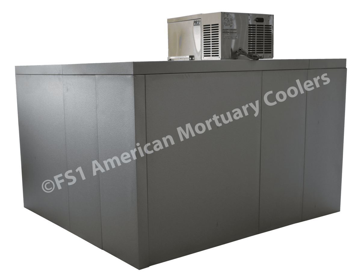 “Professional funeral home roll-in mortuary cooler Model 2000-TR3C – designed for use with existing cots and prep tables.”