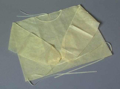 Yellow isolation gown tie closure detail, adjustable universal fit
