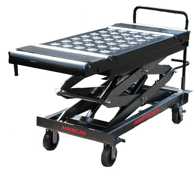 Foot-pump hydraulic mortuary scissor lift raised to maximum 80-inch height with welded steel frame