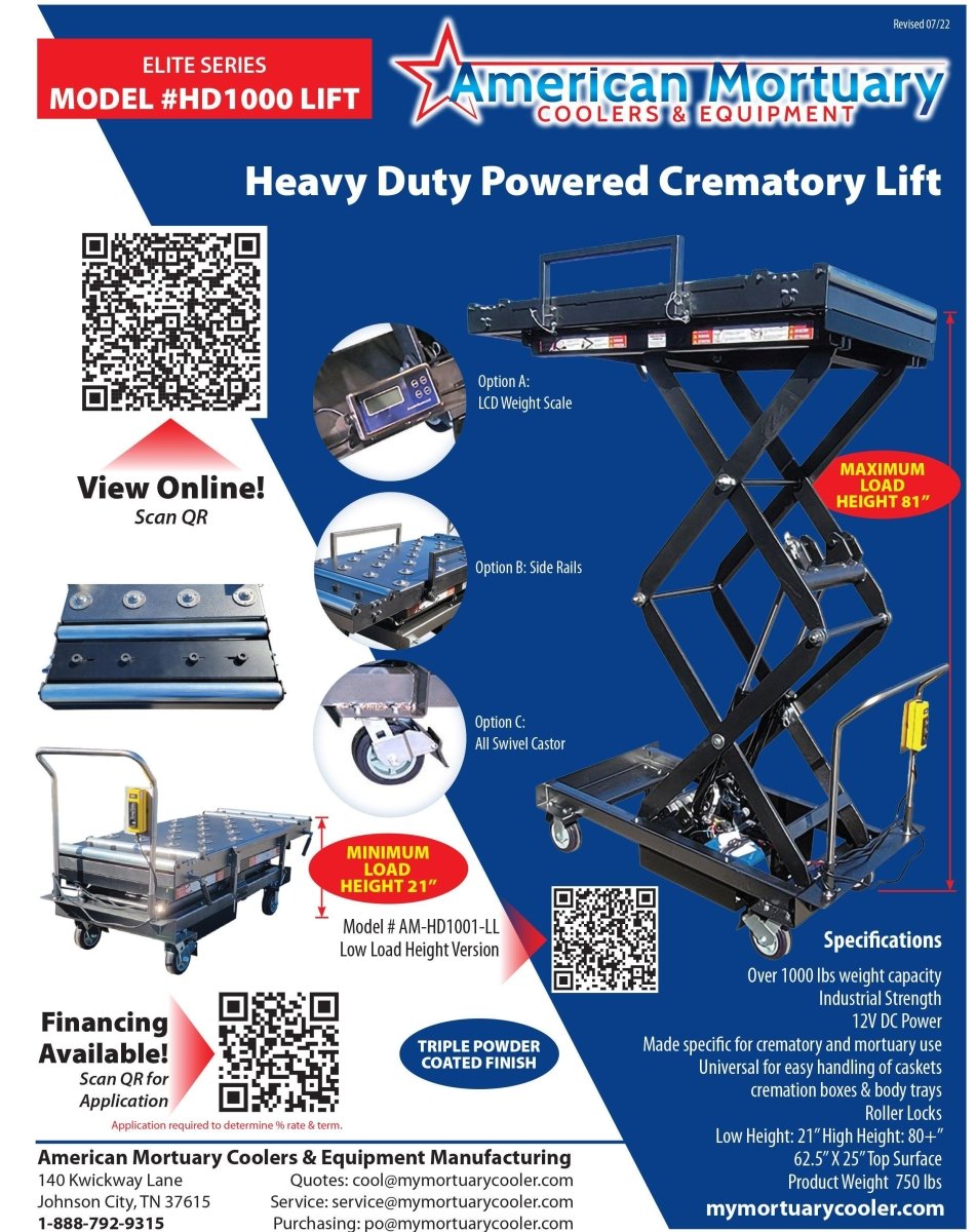 Multi - Directional Top Scissor Lift - HD 1000 MAX G1 | American Mortuary Coolers - American Mortuary Coolers & Equipments