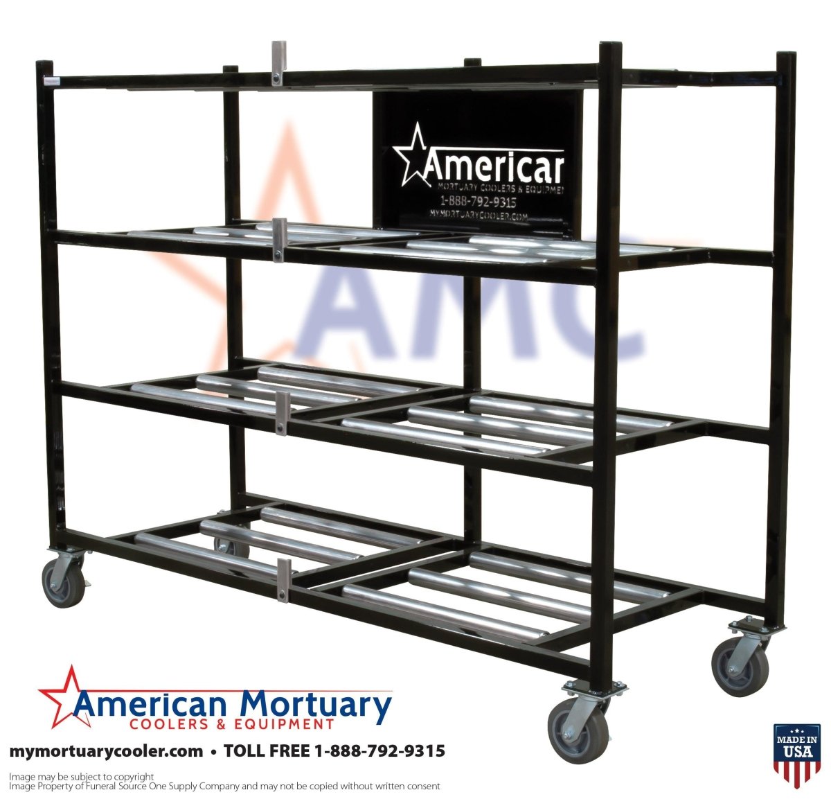 Close-up of the smooth gravity-free roller bars on the Model 2000-4TSL mortuary rack, designed for ergonomic handling.