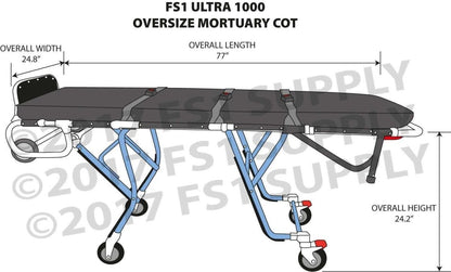 1000E bariatric mortuary cot full view, 1,000 lb capacity American Mortuary Equipment removal stretcher